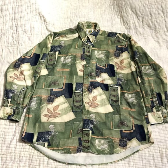 Field Gear Corduroy Button Up Size XLT Green Brown Leaves Moths Bugs Natural - Picture 1 of 5